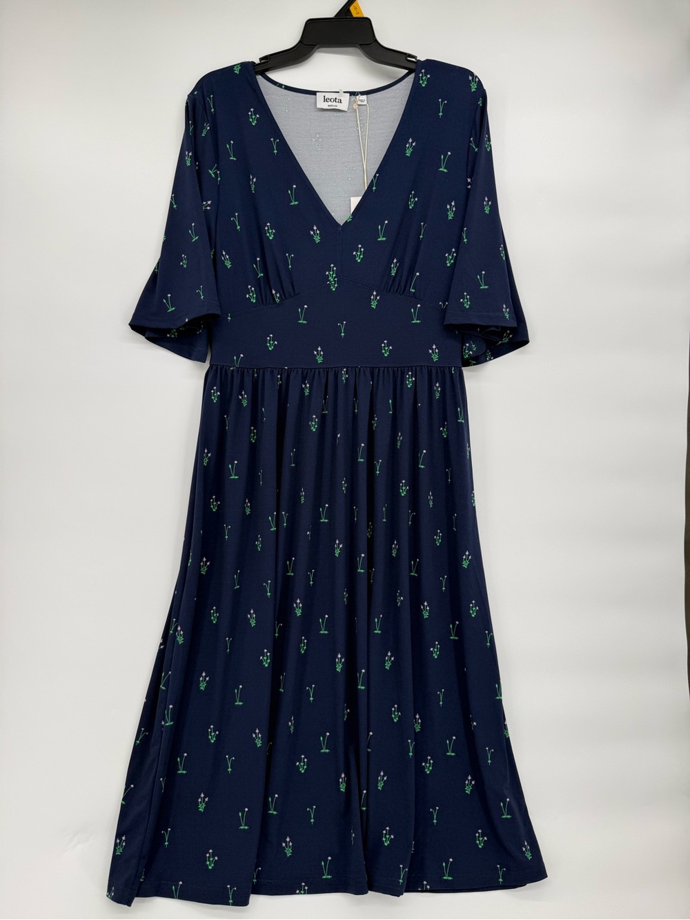 Leota Wispy Floral Patriot Blue Navy Midi Zoe Dress with Green Floral Print